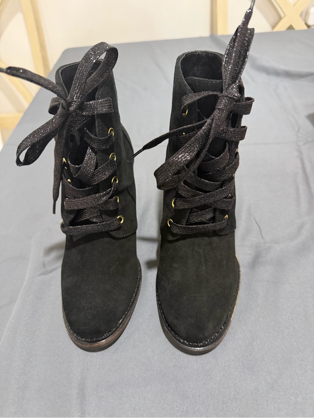 kate spade Black Suede Lace-Up Ankle Boots with Ribbon Laces